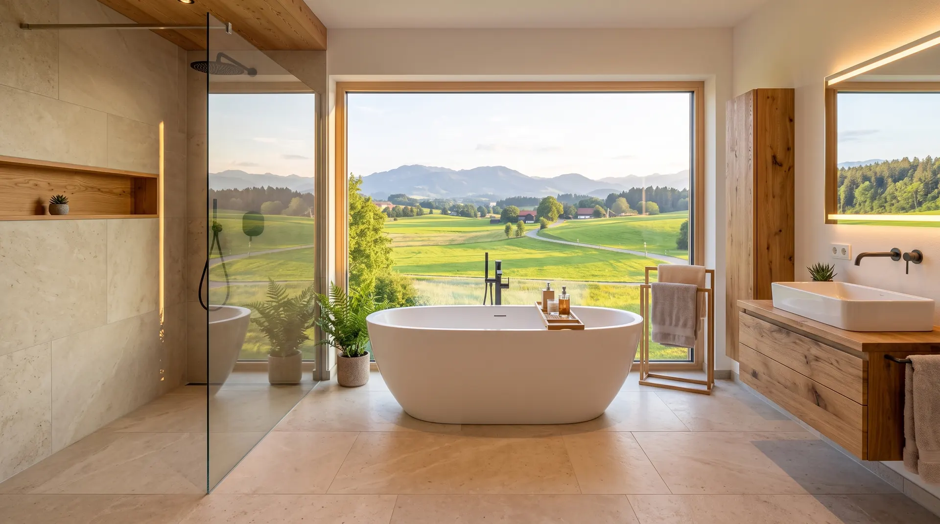 Helles Badezimmer mit bodengleicher Dusche, freistehender Badewanne und Blick auf das Allgäu