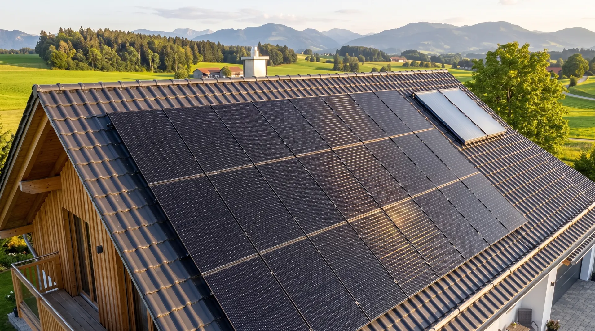 Photovoltaikmodule und Solarthermiekollektoren auf einem Hausdach im Allgäu