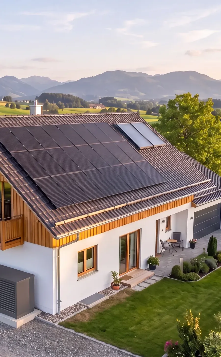 Luftaufnahme eines renovierten Einfamilienhauses im Allgäu mit Photovoltaik, Solarthermie und Wärmepumpe